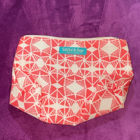 Clinique Handbags - Clinique Satchel & Sage Orange and ivory white cosmetics travel case makeup bag